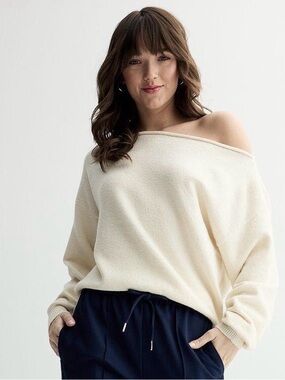 SO Beige Slouchy Off Shoulder Sweater Small | Neutral Cozy Casual Chic Top